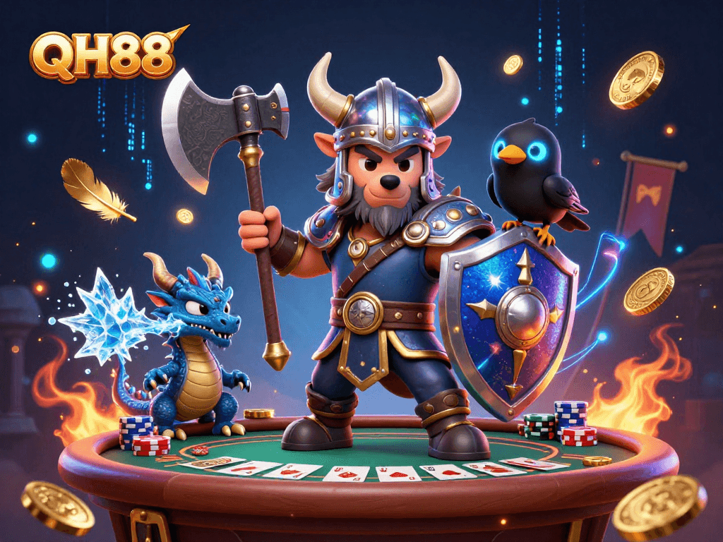 QH88 features a dynamic 3D casino scene with Viking wolf warrior, dragon, and raven amidst poker elements and glowing effects.