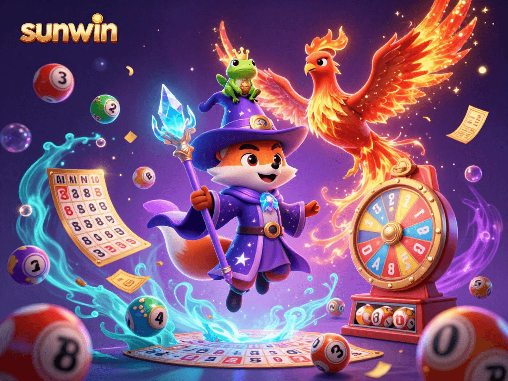 Win big with sunwin in this vibrant, fantasy-inspired lottery scene featuring magical elements.