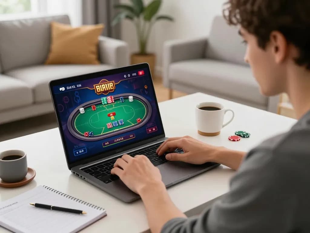 Engaged player at home using ww88 online casino platform for poker gameplay on laptop.