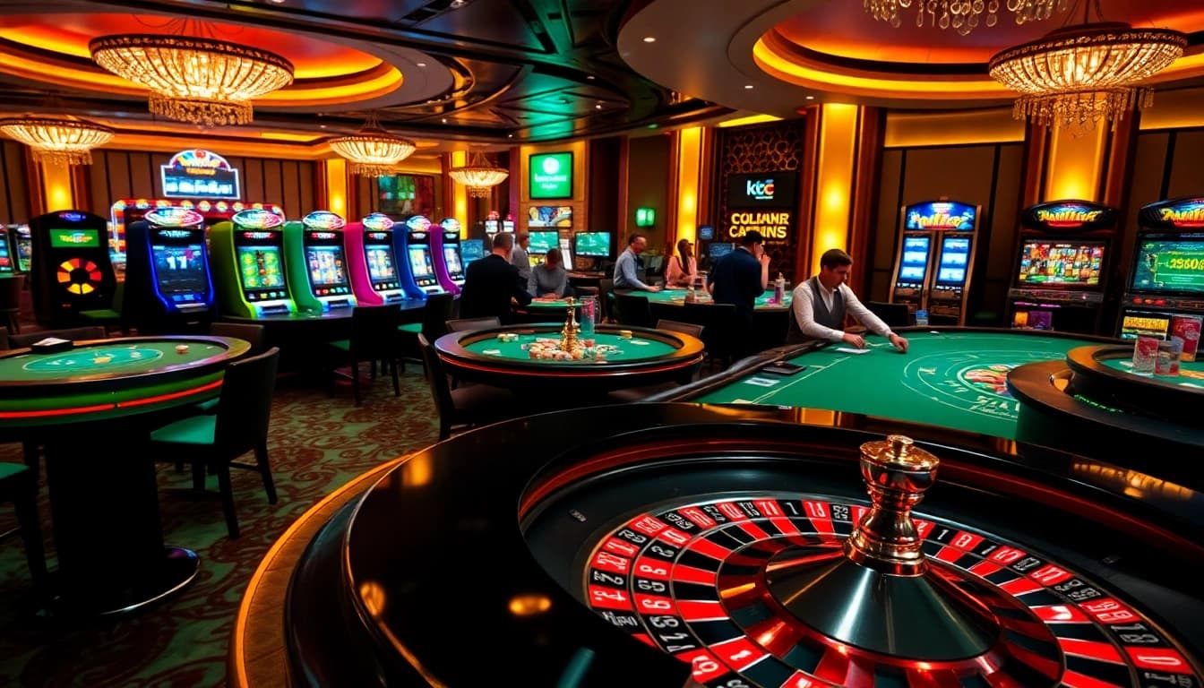 KJC mm88 offers an exciting casino experience with poker tables and vibrant roulette wheels.