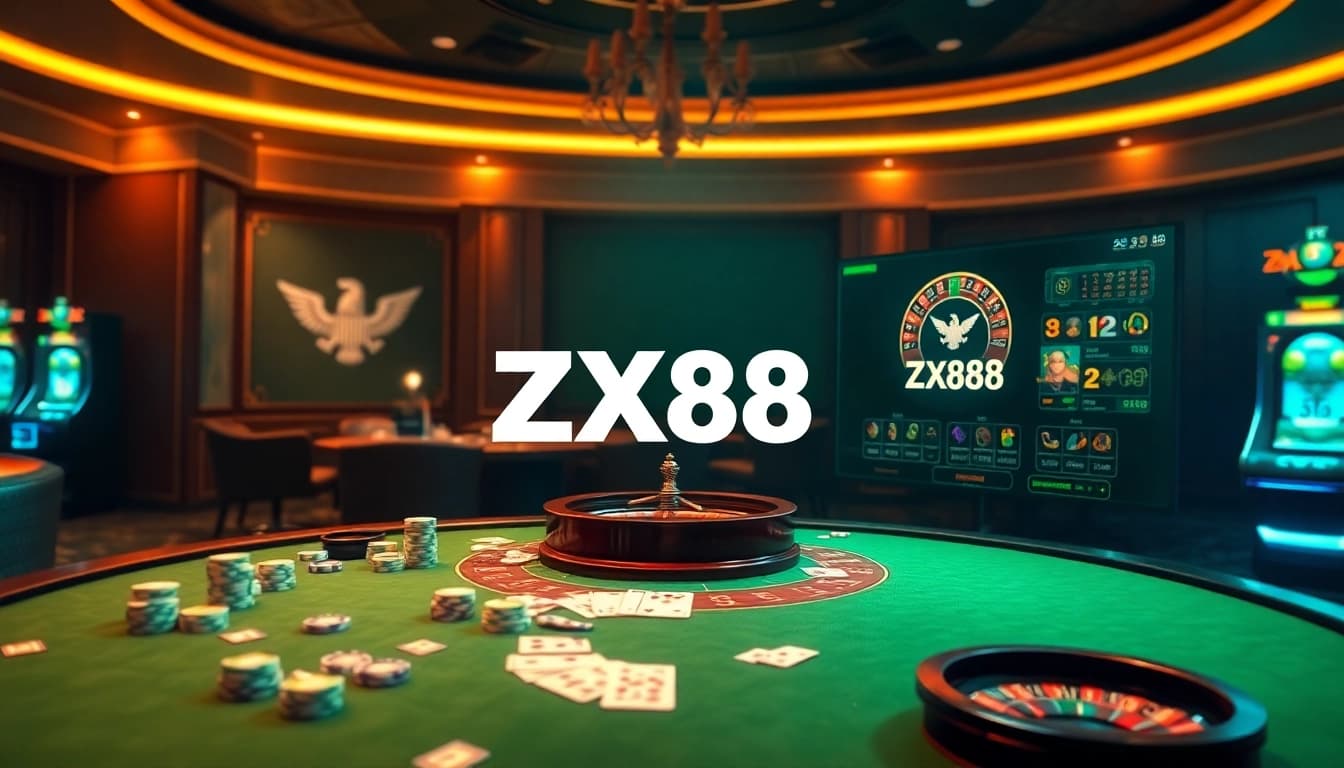 Experience the excitement of ZX88 with a luxurious casino scene featuring poker chips, cards, and slot machines.