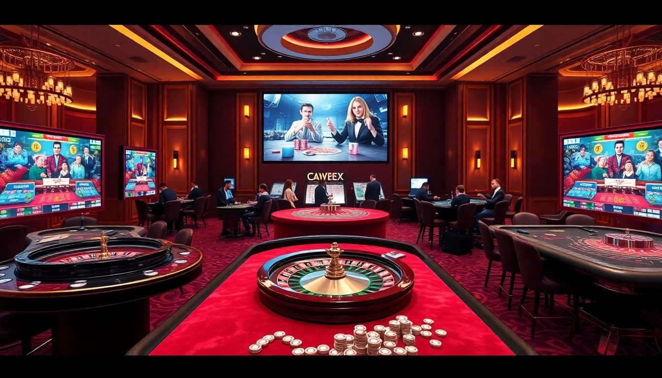 The vibrant online gambling experience at nhà cái 8XX, featuring elegant gaming tables and poker chips amidst an interactive casino environment.