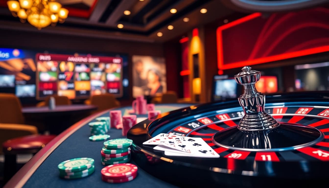 Xin88 offers an exciting casino experience with vibrant poker chips and a roulette wheel.
