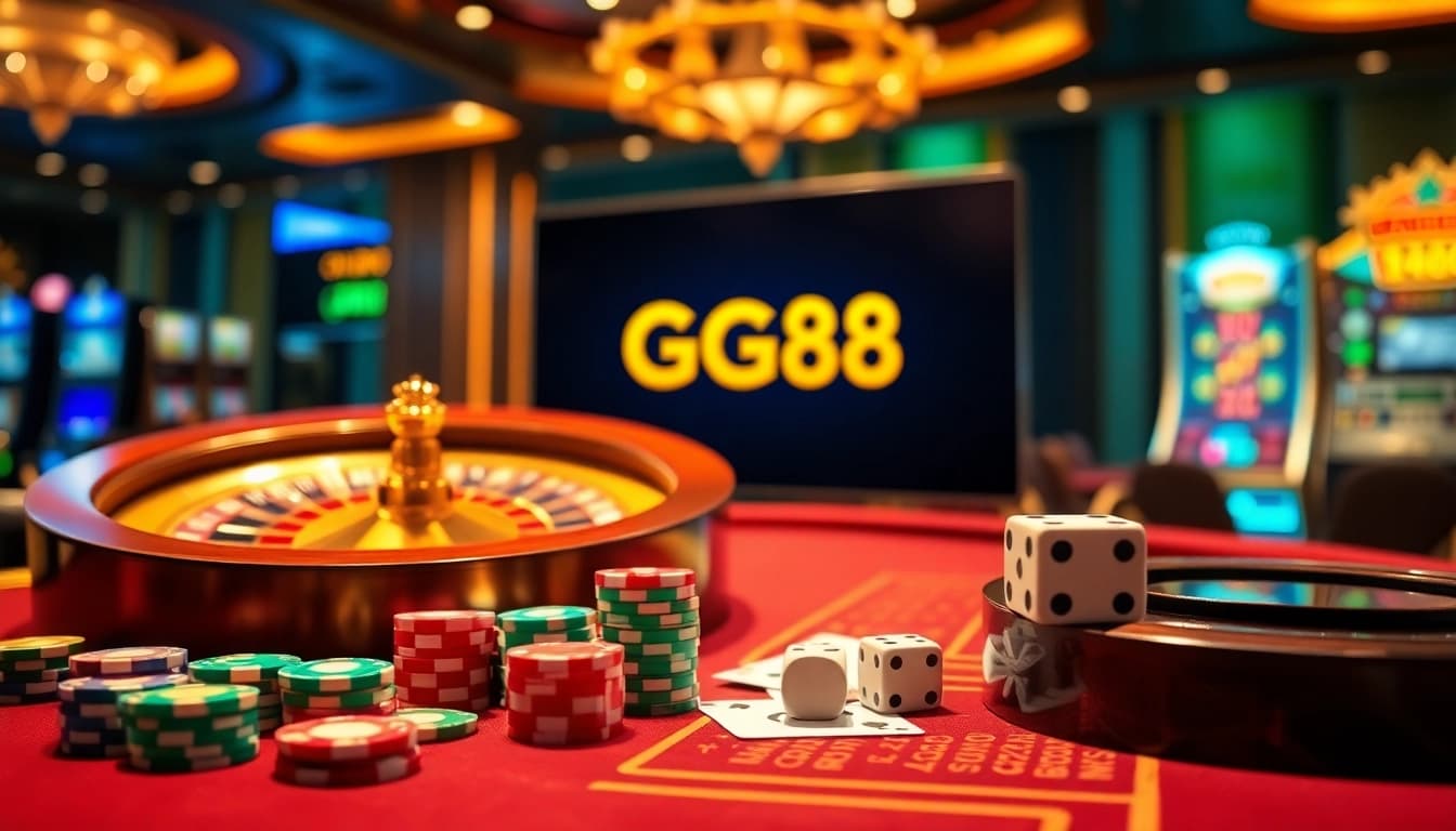Engaging casino scene showcasing GG88 link interface with vibrant poker chips and roulette wheel.