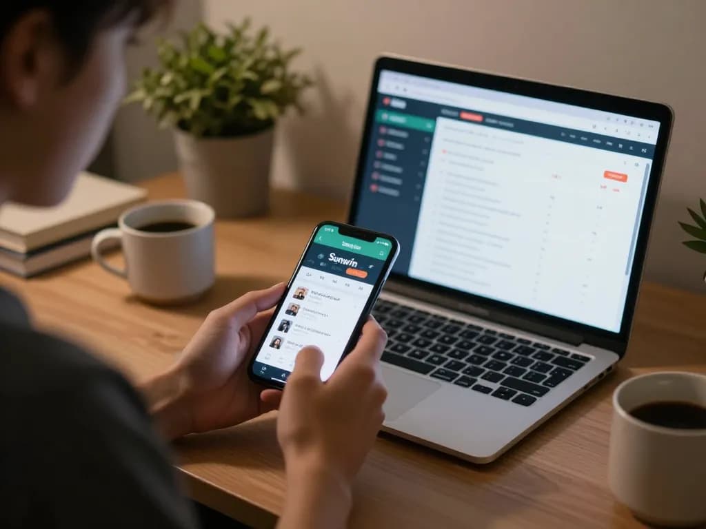 Engaging player using smartphone to tải Sunwin app for online gaming experience at home