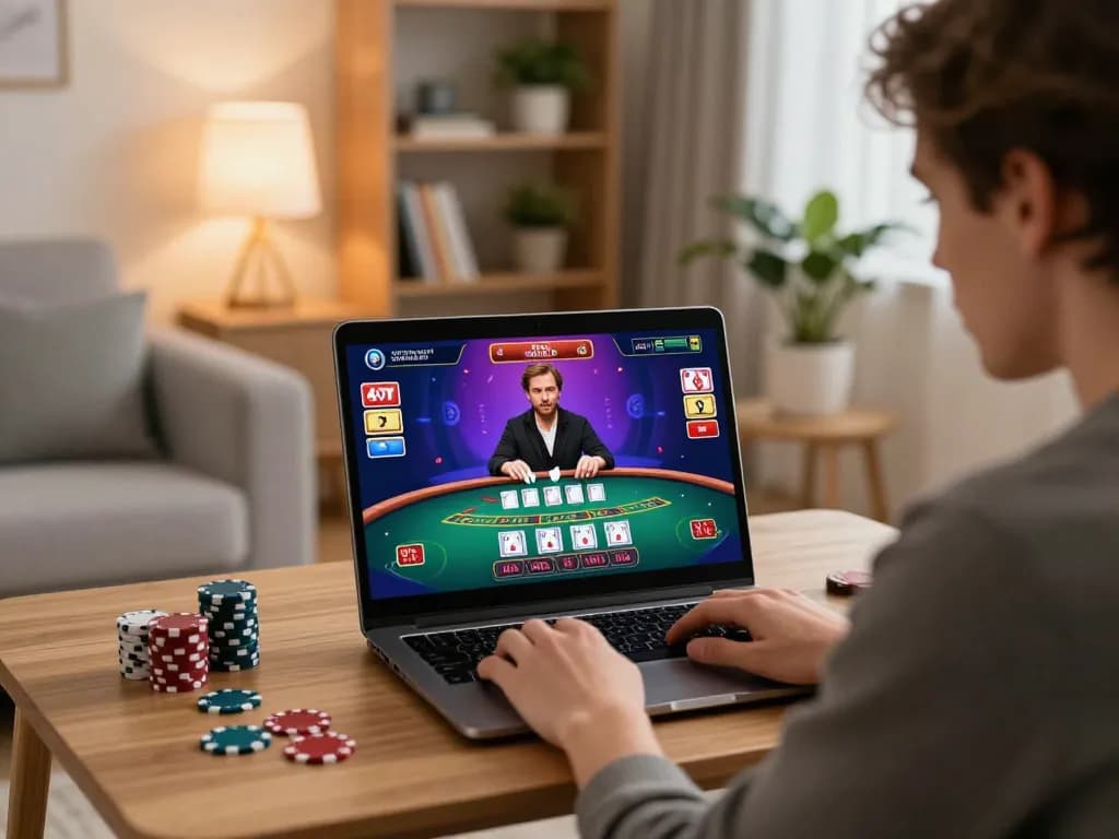 Engaging in live dealer blackjack online with focused strategy using Nowgoal gaming system at home.