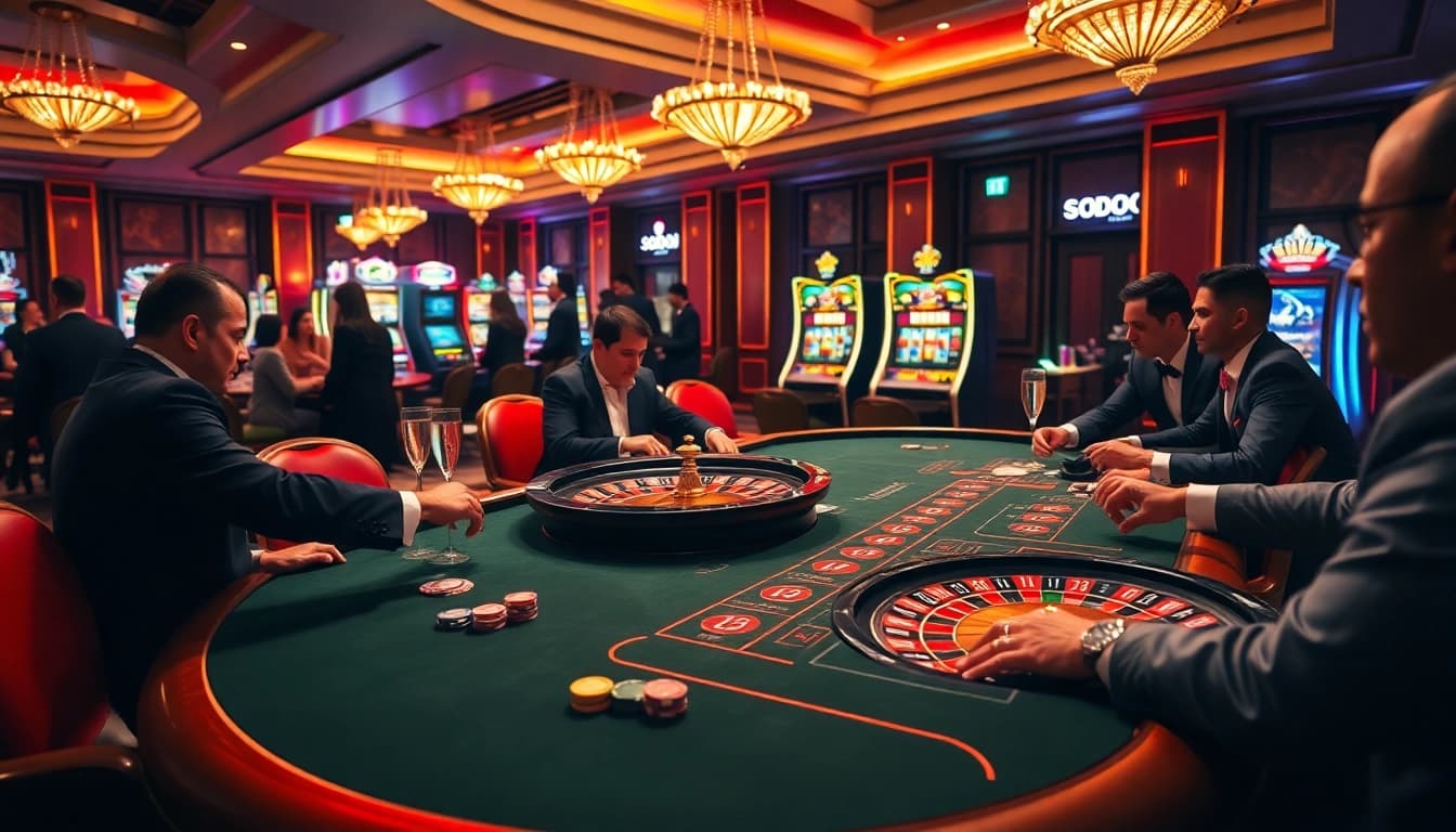 SODO66 Casino table featuring an intense poker game with vibrant slot machines and roulette wheels.