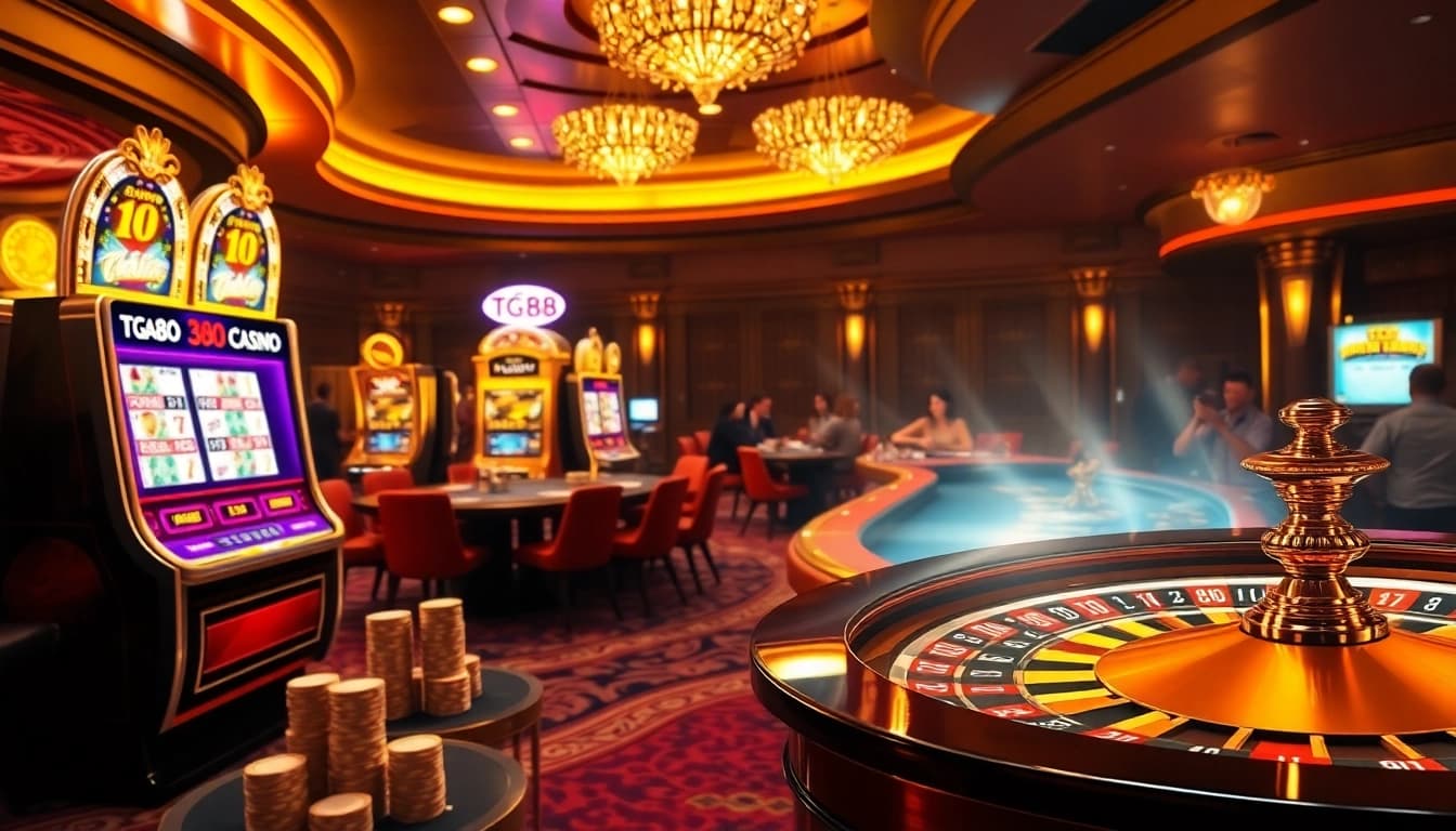 Experience thrilling casino action with TG88 as players engage around vibrant slot machines and poker tables.