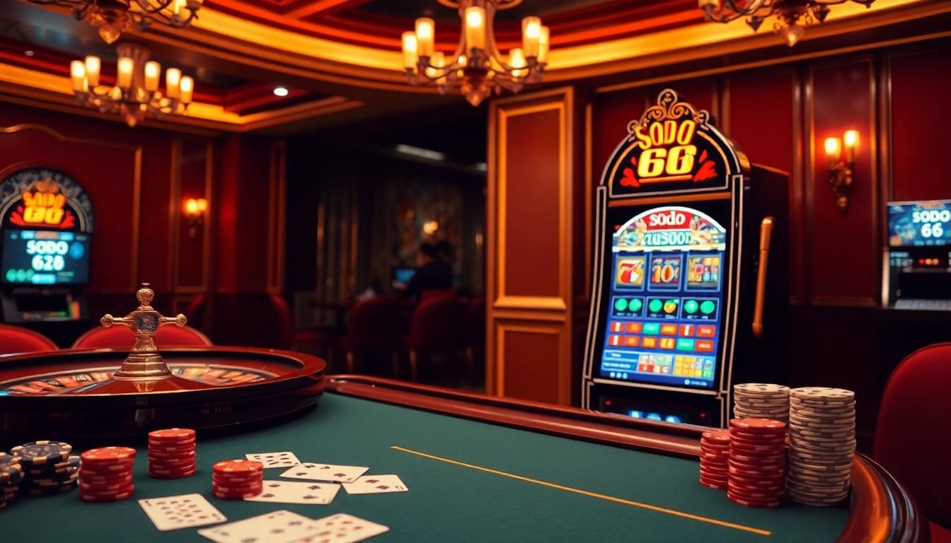 SODO66 casino scene with elegant gambling tables and vibrant slot machines showcasing luxury and excitement.