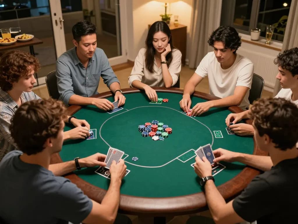 Playing poker with friends at home during a lively night, featuring lv88 themed chips and cards.