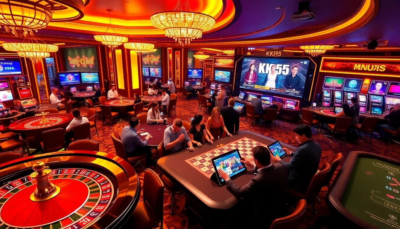 Jogadores aproveitando jogos no cassino https://kk55.global/, com mesas de roleta e pôquer em um ambiente vibrante.