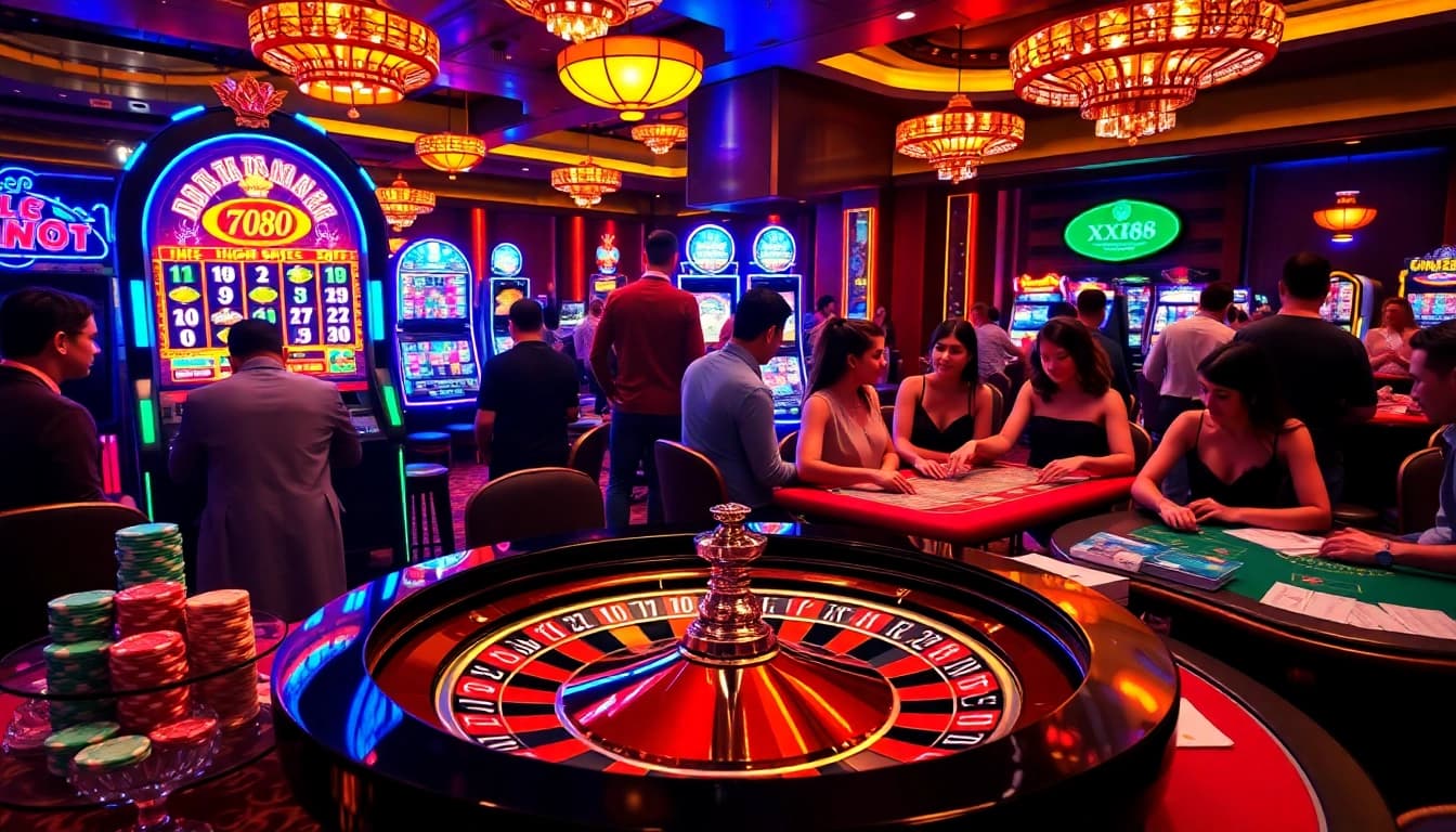 Exciting casino scene showcasing gamblers at the XX88 roulette wheel and slot machines.