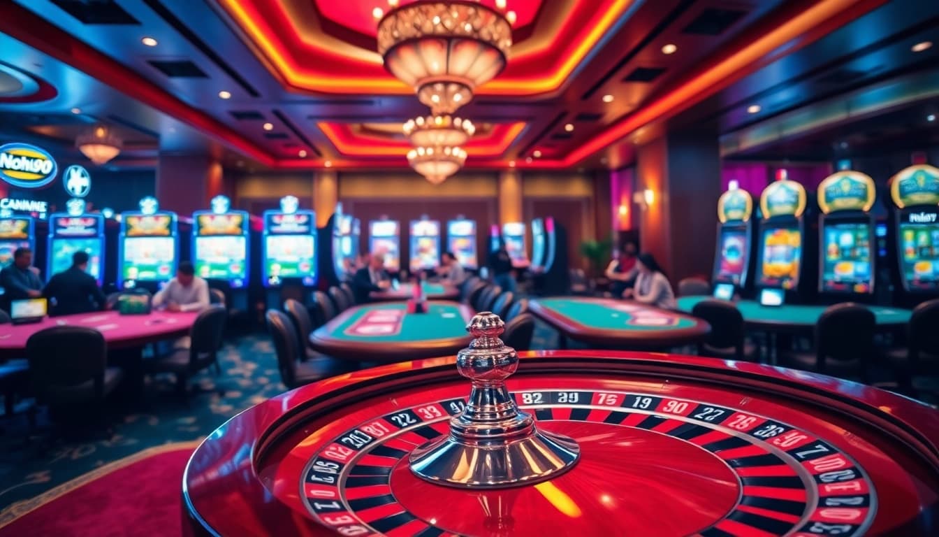 Nohu90 players enjoying classic casino games at a luxurious gambling venue.