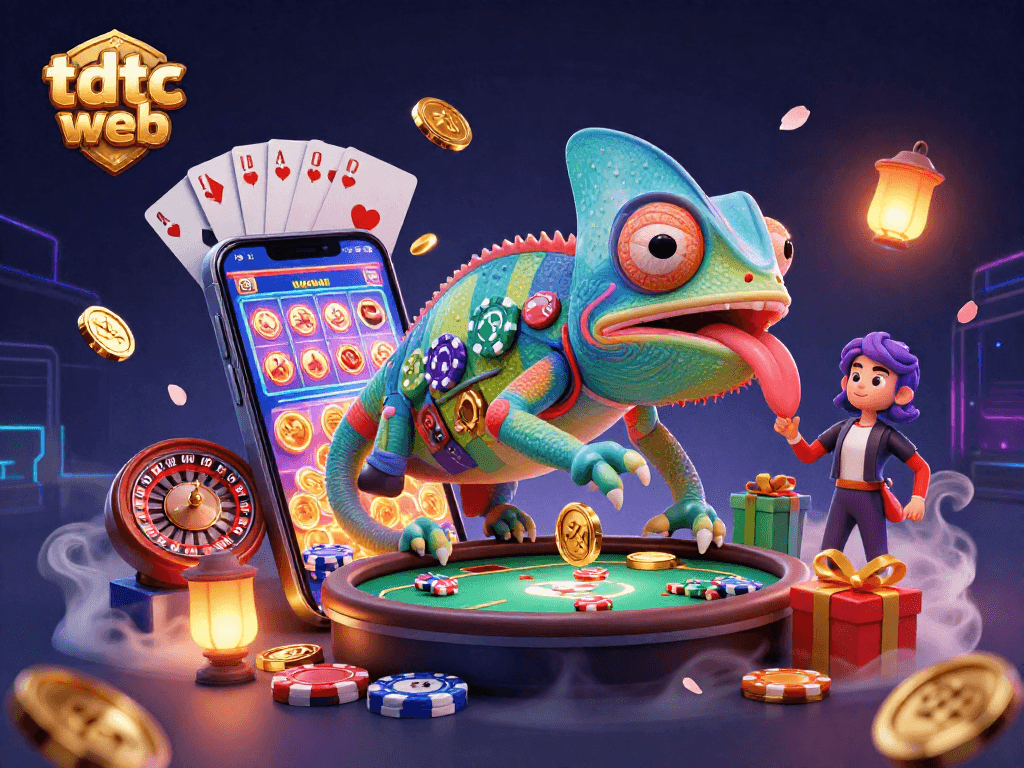 Engage with the vibrant tdtc web casino scene featuring a chameleon owner and exciting game elements.