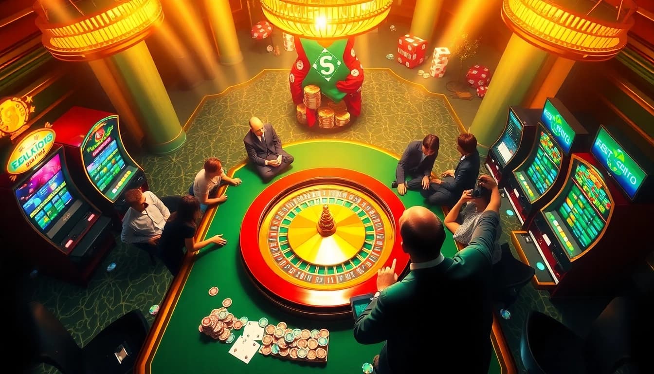 Players enjoying lively games at a casino with SC88 betting slips and vibrant poker chips.