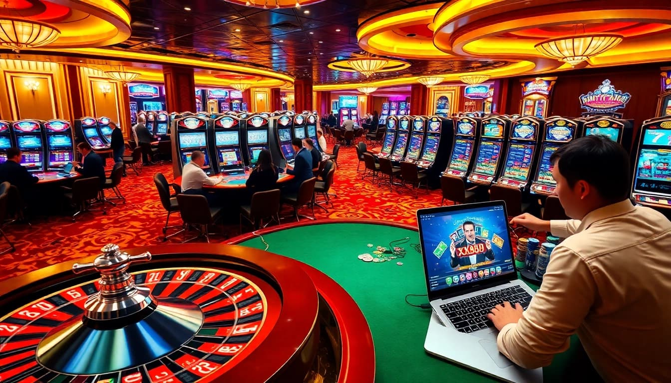 Players engaging in thrilling games at XX88 online casino, showcasing excitement and luxury.