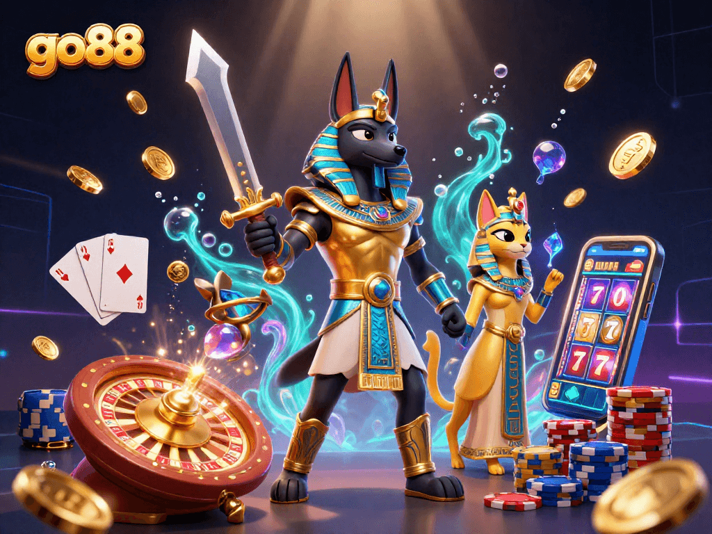 Experience go88's dynamic gameplay with Anubis and Bastet amidst casino elements and treasures