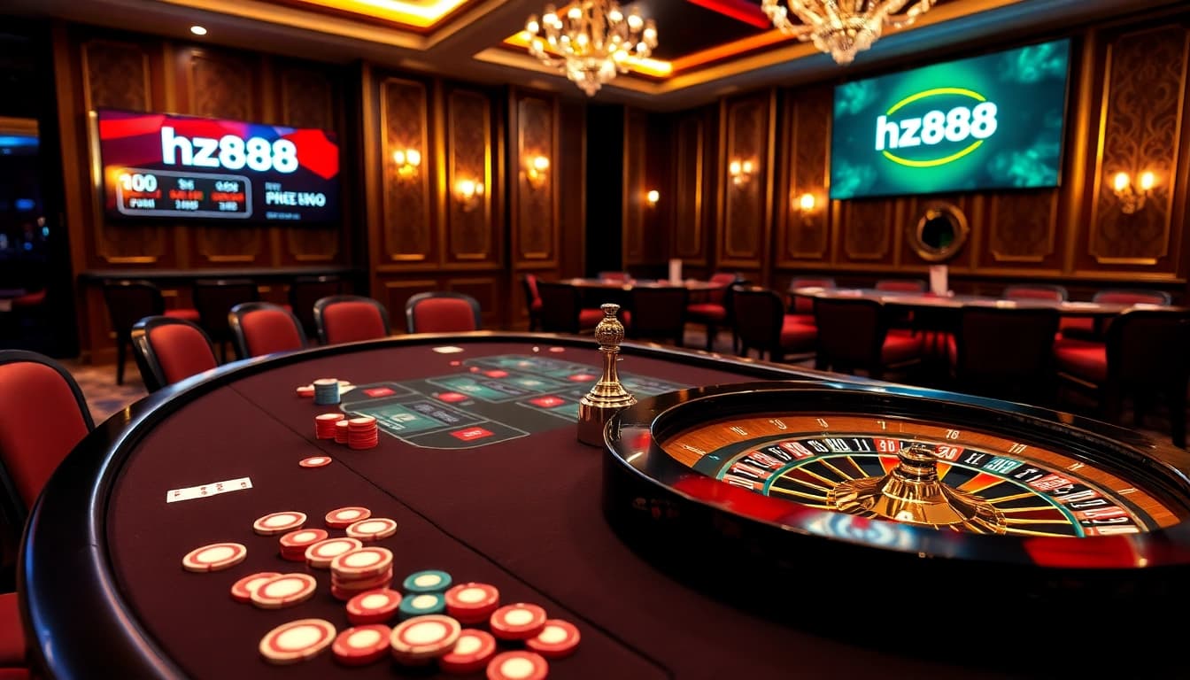 Engage in high-stakes poker at an elegant table featuring hz88 chips and cards.