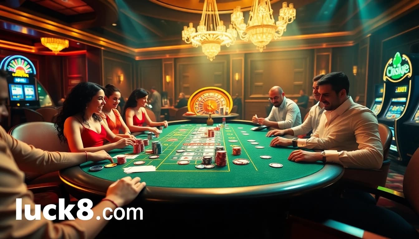 Players enjoying high-stakes excitement at luck8.com casino tables, showcasing vibrant chips and cards.