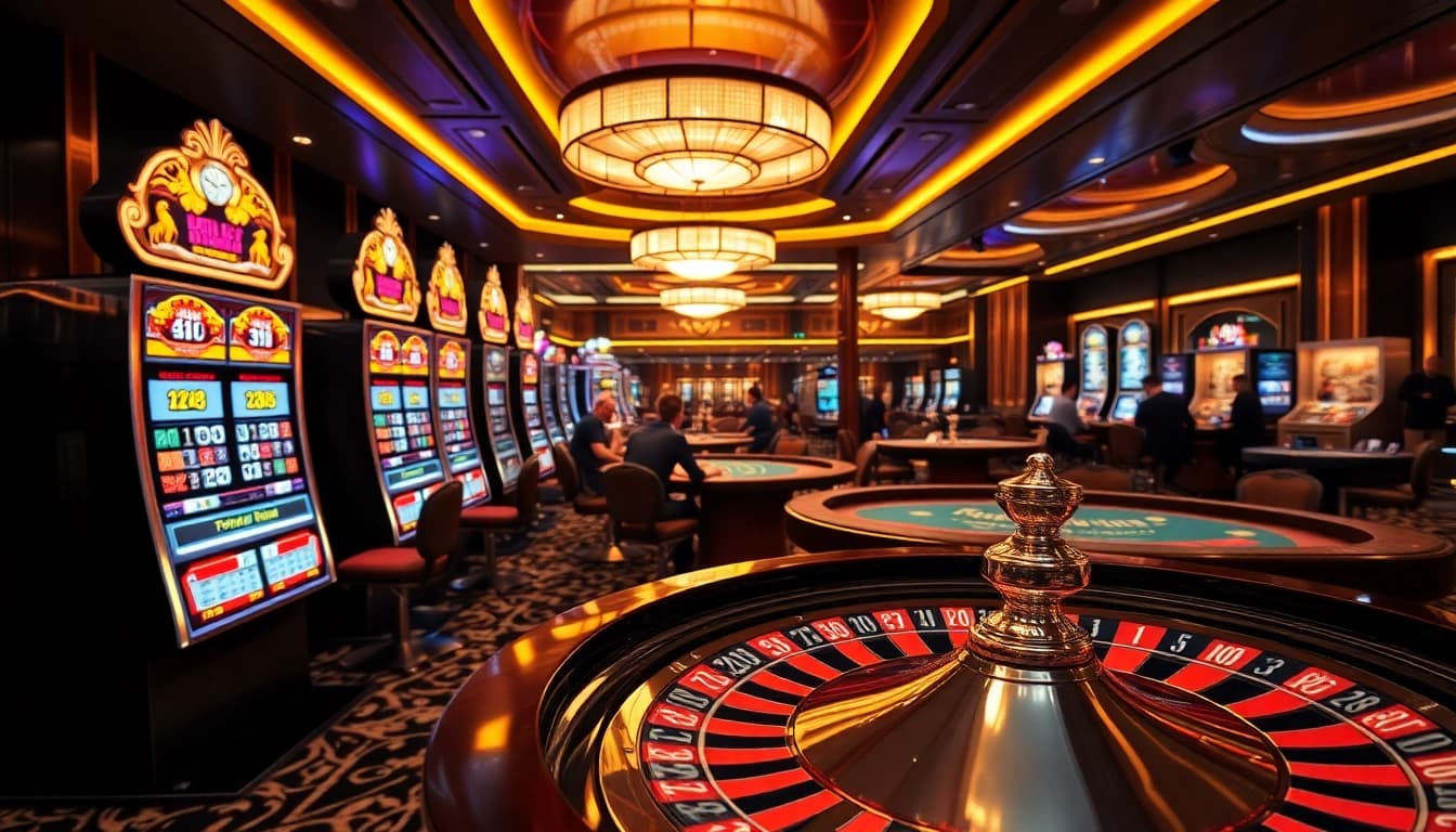 Engaging scene of gamblers playing at 69vn casino tables with vibrant chips and a roulette wheel.