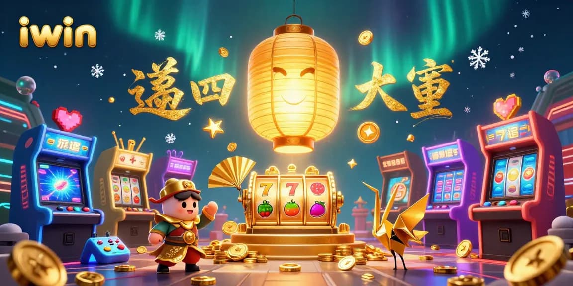 Engage with iwin's lively night market casino featuring a glowing lantern spirit and slot symbols.