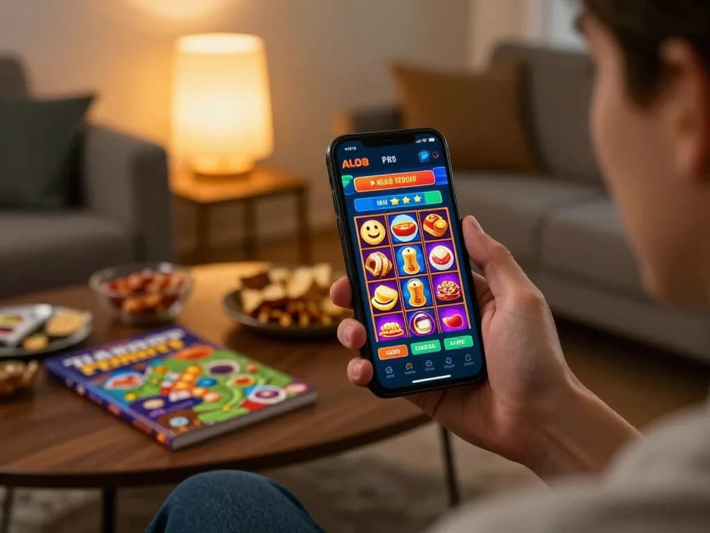 Engaging with ALO8 PRO casino app on smartphone, showcasing vibrant online gaming experience at home