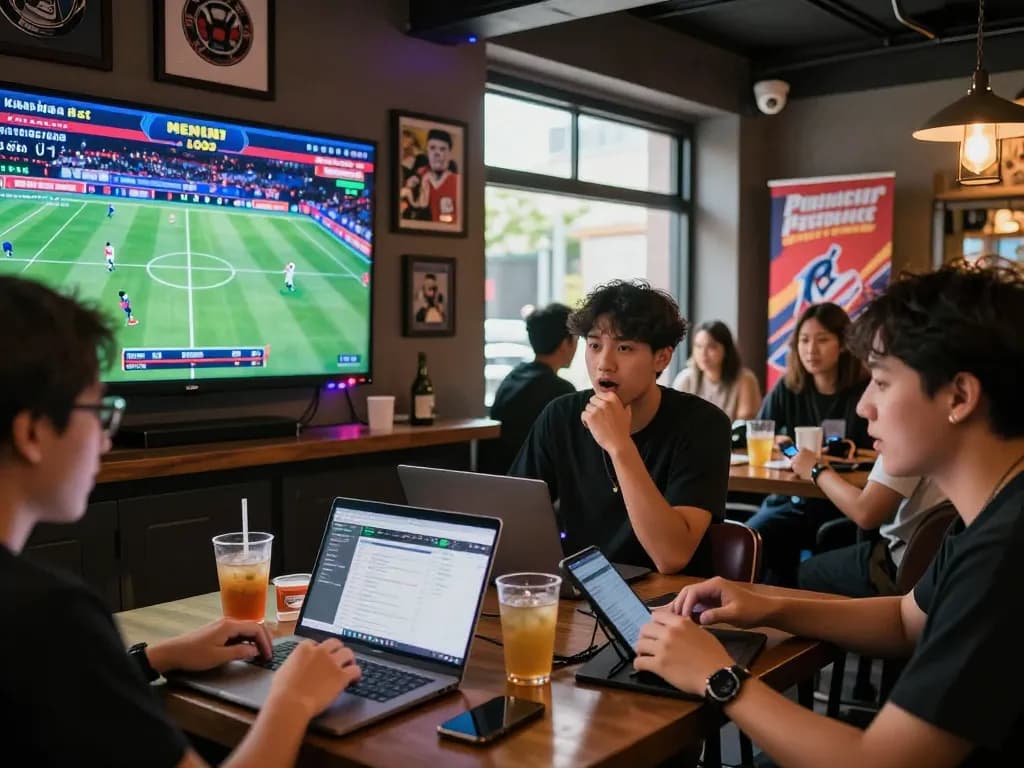Engaging scene of sports enthusiasts analyzing kèo nhà cái in a lively environment.