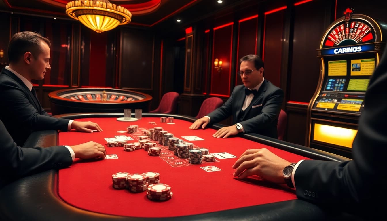 SAY88 players enjoying a high-stakes poker game at an upscale casino table, capturing the thrill of gambling.