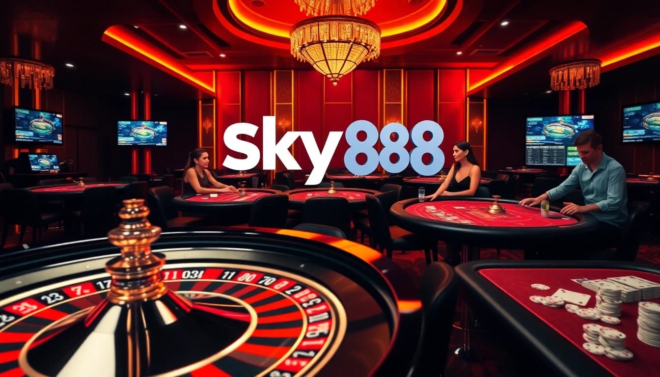 Sky88 players experience excitement at a luxurious online casino with roulette, cards, and chips.