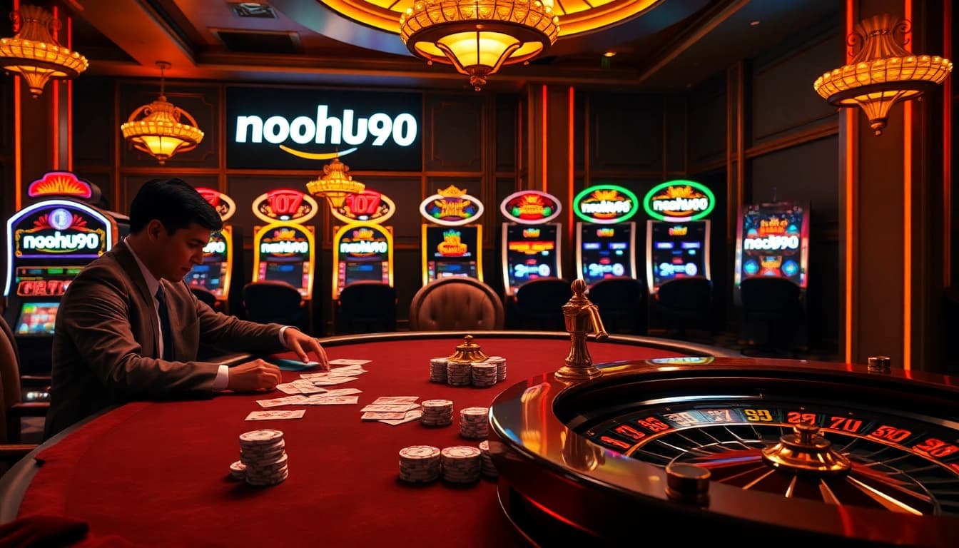 Nohu90 players engaged in a high-stakes poker game within a luxurious online casino environment.