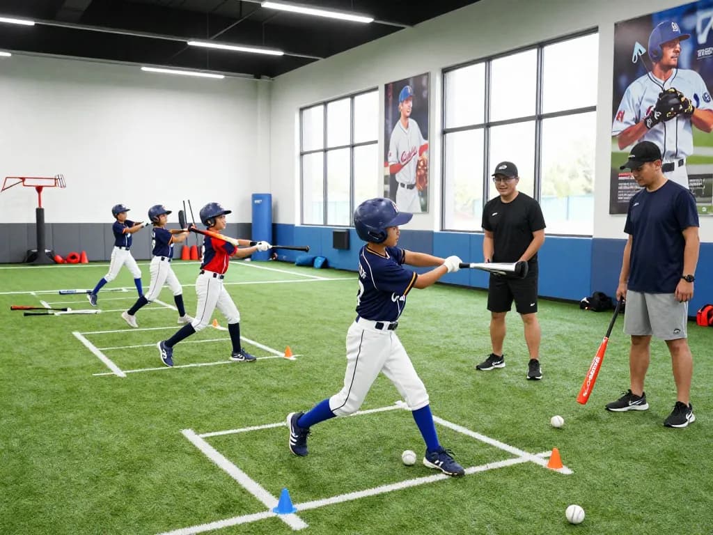 Youth players training at Hitclub baseball facility, showcasing teamwork and skill development.