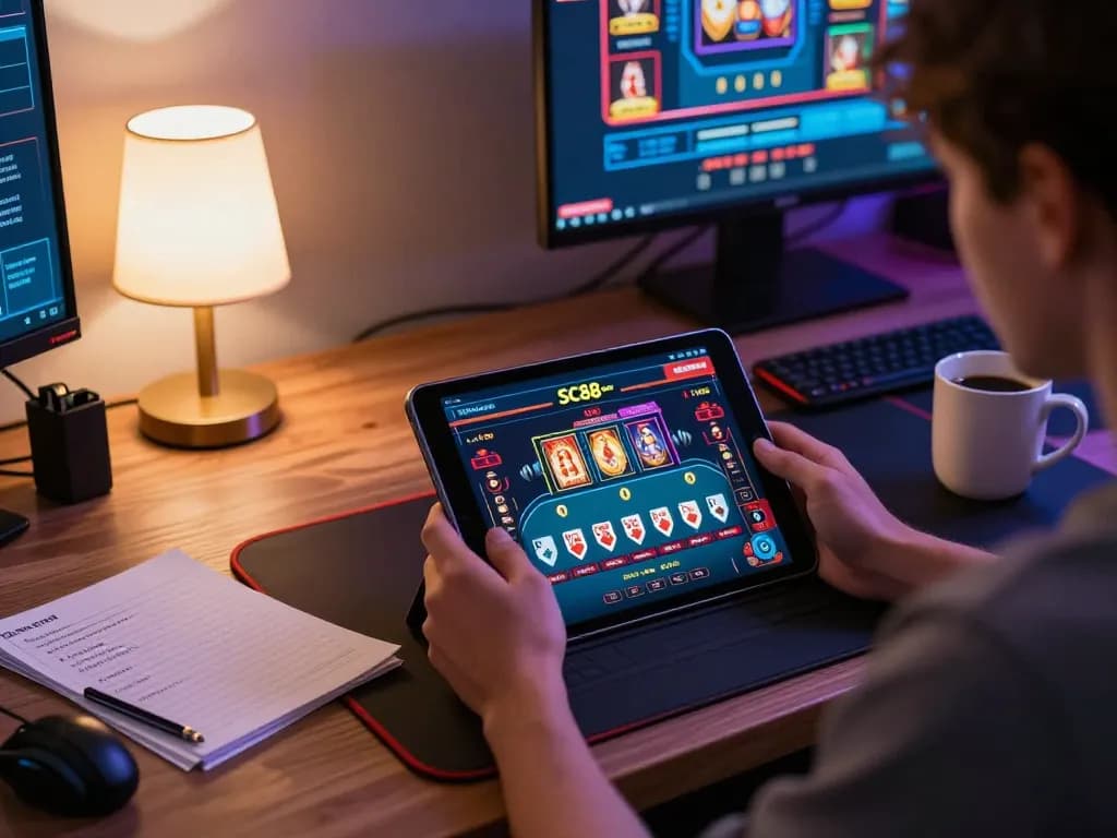 Engaging in online gaming at SC88 com with a tablet, showcasing a vibrant casino interface.