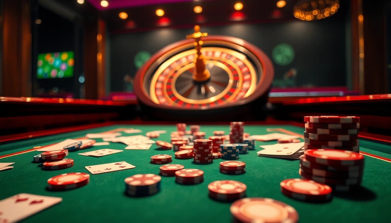 Engage in thrilling games at nhà cái 58WIN with dynamic casino visuals featuring poker chips and a roulette wheel.