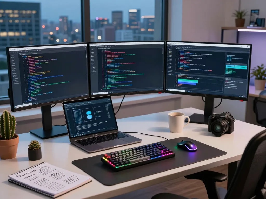 Moltbot in action on multiple screens in a tech workspace, showcasing code and task automation.
