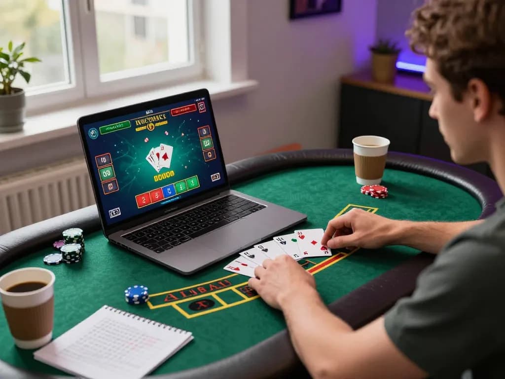 Player using laptop for hitclub blackjack online gaming with colorful interface visible