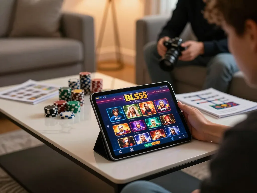 Engaged player exploring BL555 casino app on tablet in a cozy home setting with poker chips