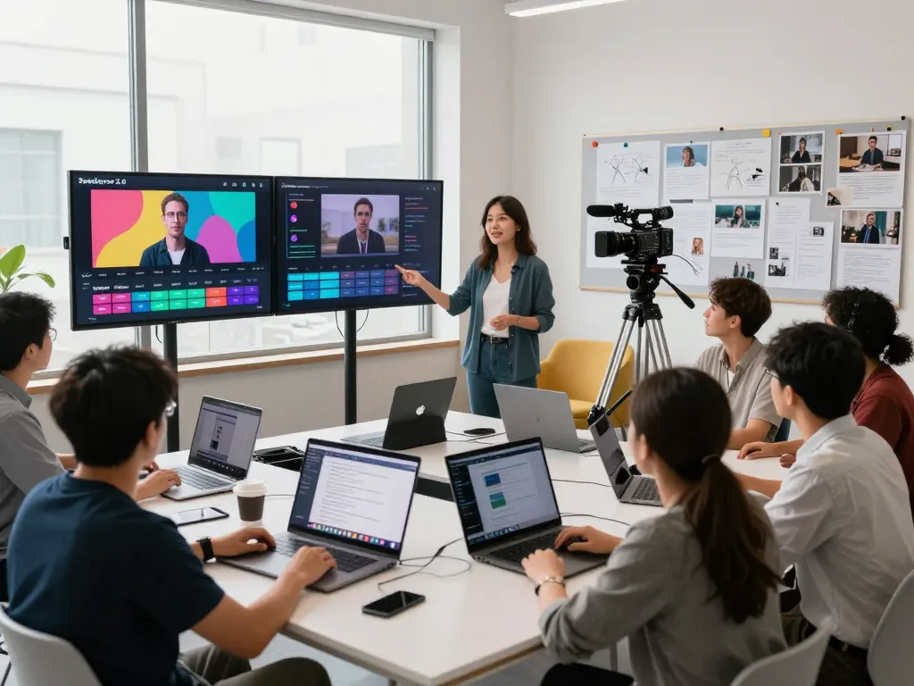 Creators using seedance 2.0 in a high-tech video production workspace with collaborative tools.