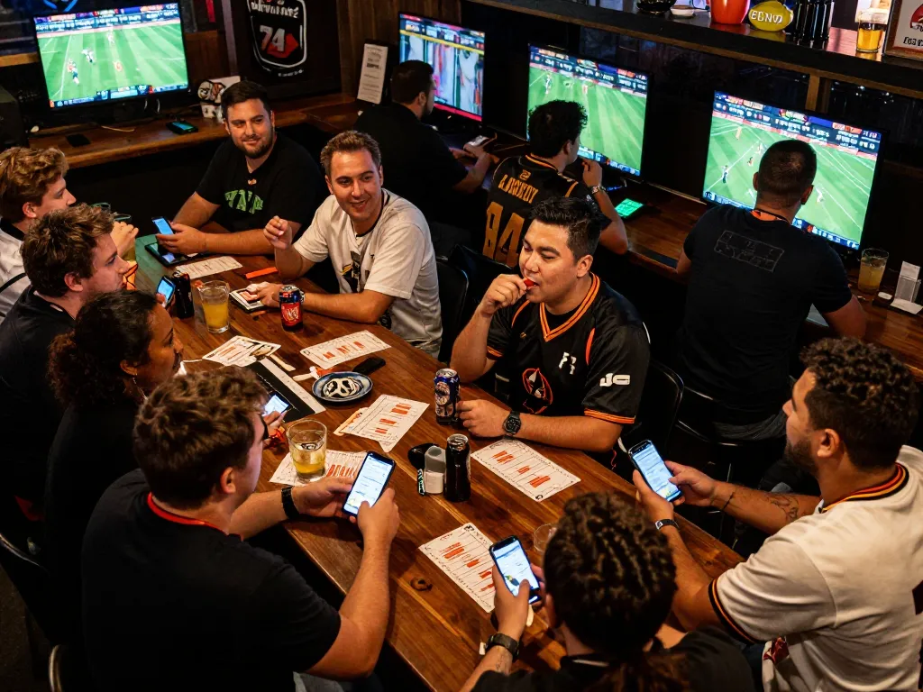 Fans using kqbd to strategize bets during a lively sports betting night