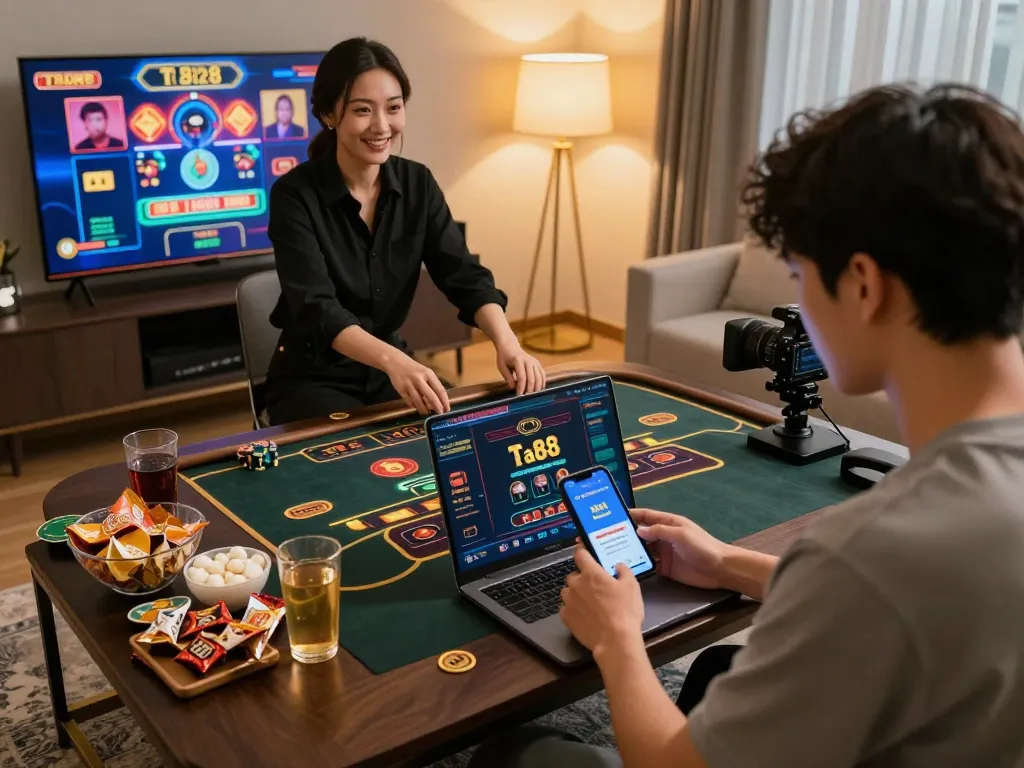 Engaging player using ta88 casino app on smartphone while enjoying a live dealer game at home