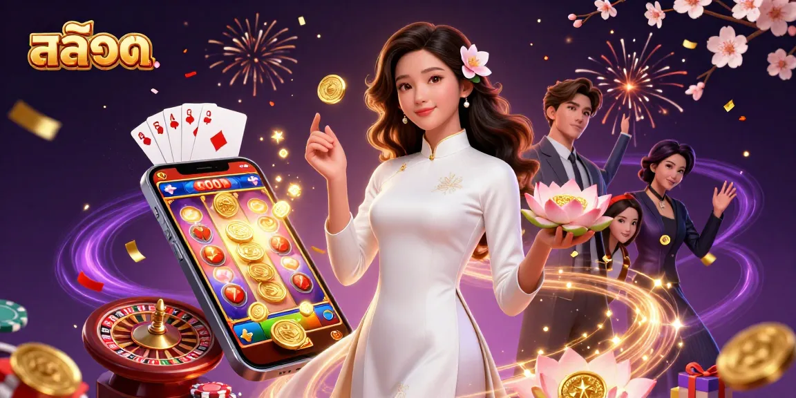Engage with สล็อต as vibrant 3D digital illustration showcasing an elegant woman amidst colorful slot game elements.