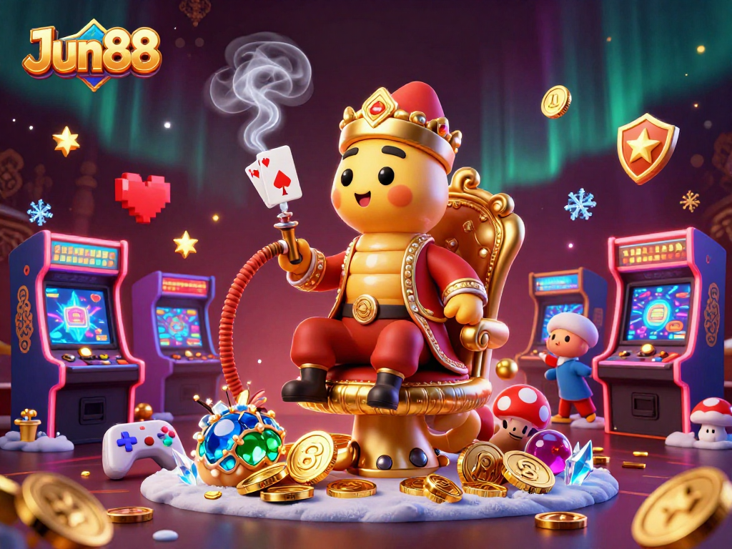 Experience gambling excitement at Jun88 with a vibrant 3D illustration of a hooked caterpillar and gaming elements.