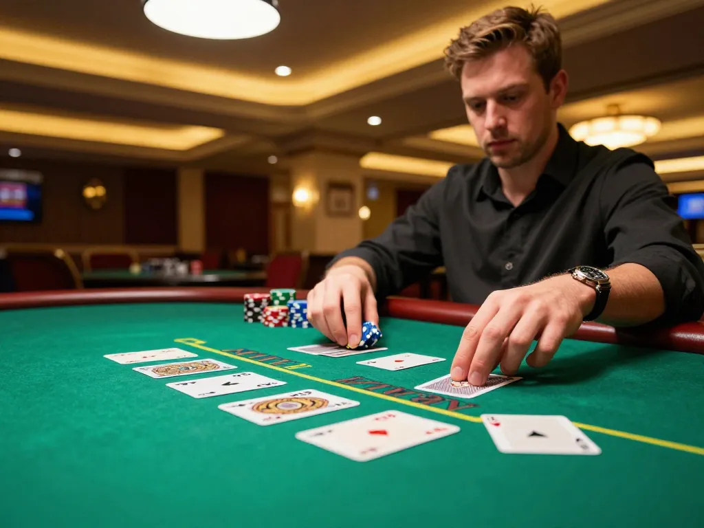 WW88 Casino player focused on blackjack table, eager to win big with strategic gameplay.