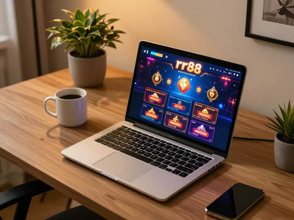 Player engaging with rr88 online casino gaming on a stylish laptop in a cozy home setting.