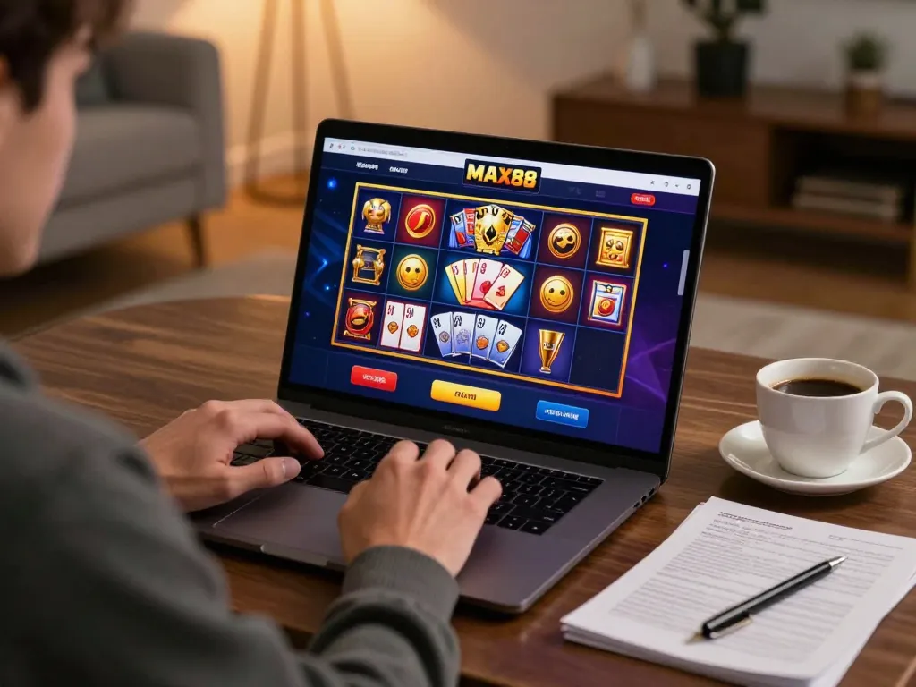 Max88 player enjoying an online gaming session with vibrant slot visuals and strategic notes.