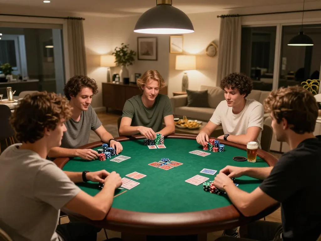 Friends enjoying poker night at home with tg88 gaming strategies and vibrant atmosphere.
