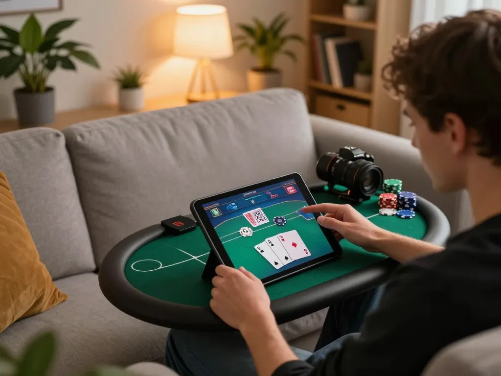 Player enjoying online poker on atq com while relaxing at home with tablet and strategy notes.