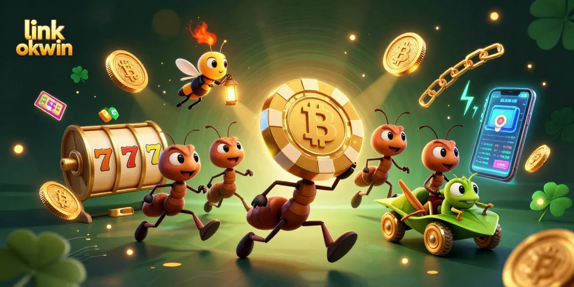 Experience the thrill with link okwin as cartoon ants carry a giant poker chip through a vibrant casino heist scene.