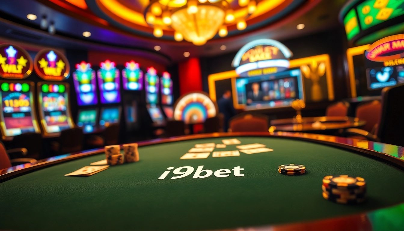 Join the excitement with i9bet at a vibrant casino scene featuring poker, slots, and roulette.