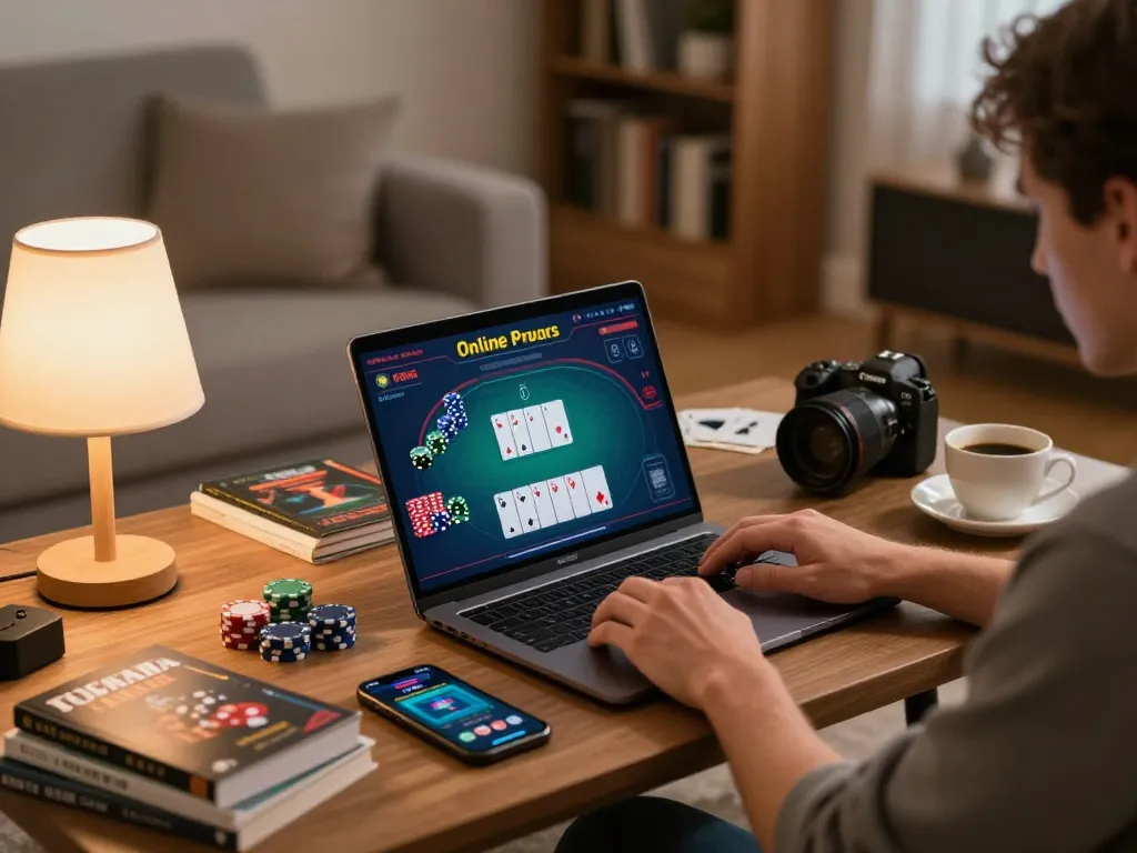 Engaging gaming experience at https://v788.biz/ showing a player using online poker interface from a cozy home setup with strategic materials.