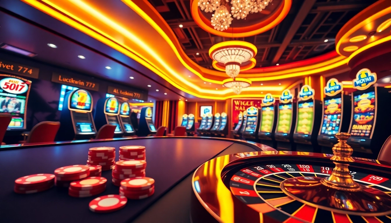 Experience thrilling gameplay at Luckywin777 with vibrant slot machines and a luxurious casino atmosphere.